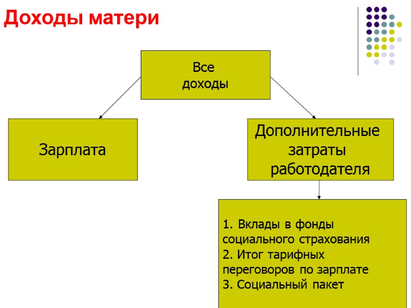 Доходы матери Все  доходы Зарплата Дополнительные  затраты  работодателя Вклады в фонды